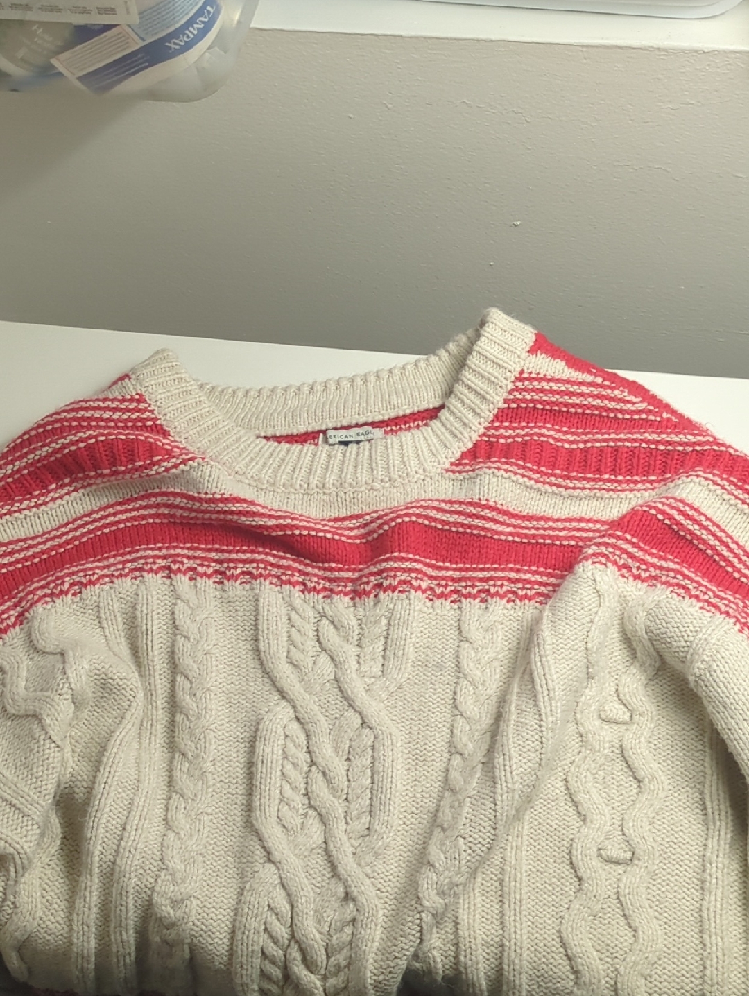 American Eagle Outfitters Cream Cable Knit Sweater With Pink Stripes